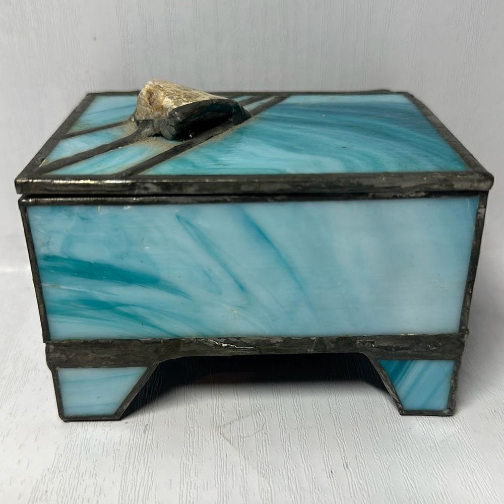 Blue Stained Glass Trinket Box with Mirrored‎ Bottom 4”x 3”